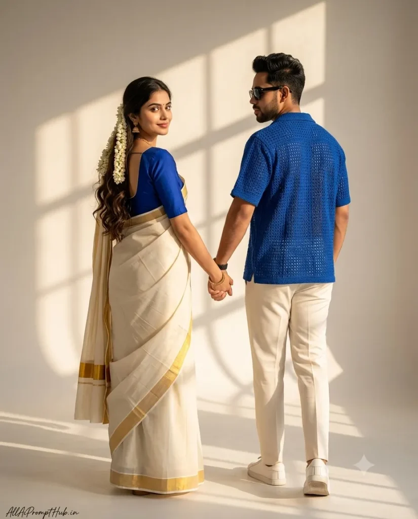 Realistic South Indian couple in a traditional white-and-gold saree and blue shirt, AI-generated photo