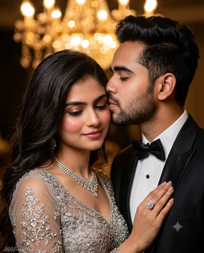 Romantic Indian couple in coordinated traditional outfits posing together in an AI-generated portrait