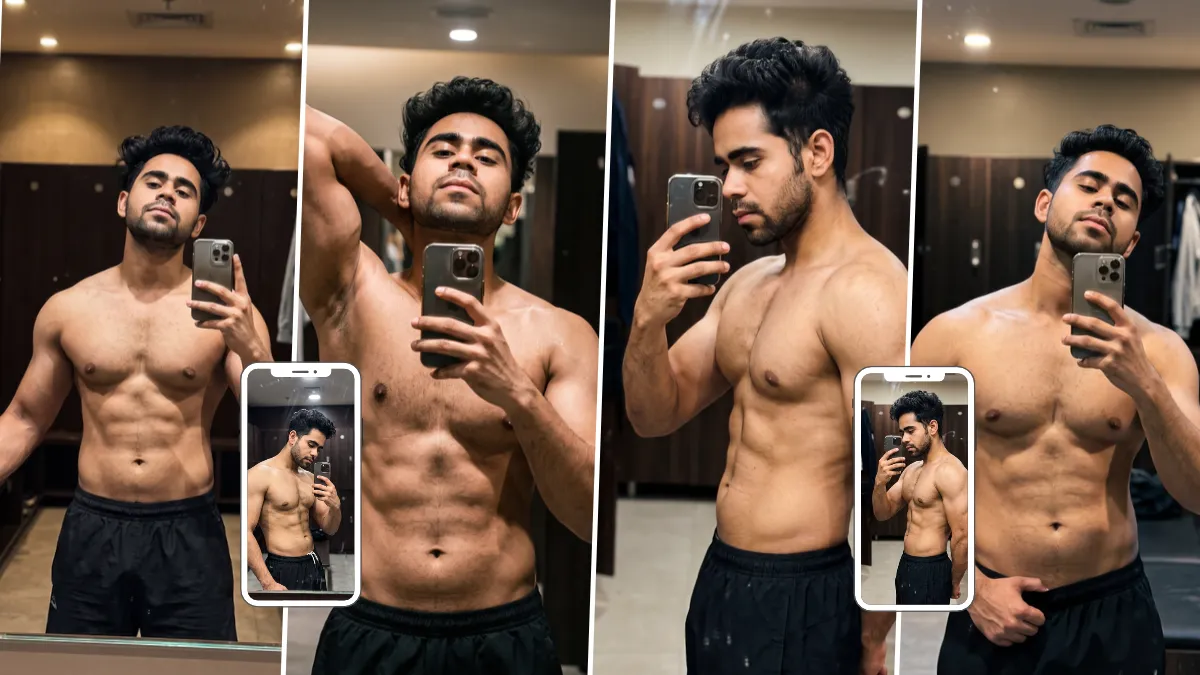 Muscular young man taking shirtless mirror selfies with defined abs and black shorts