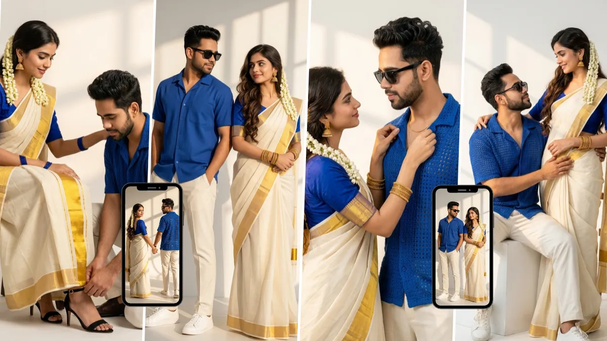 Romantic South Indian couple in a white-and-gold saree and blue shirt posing together