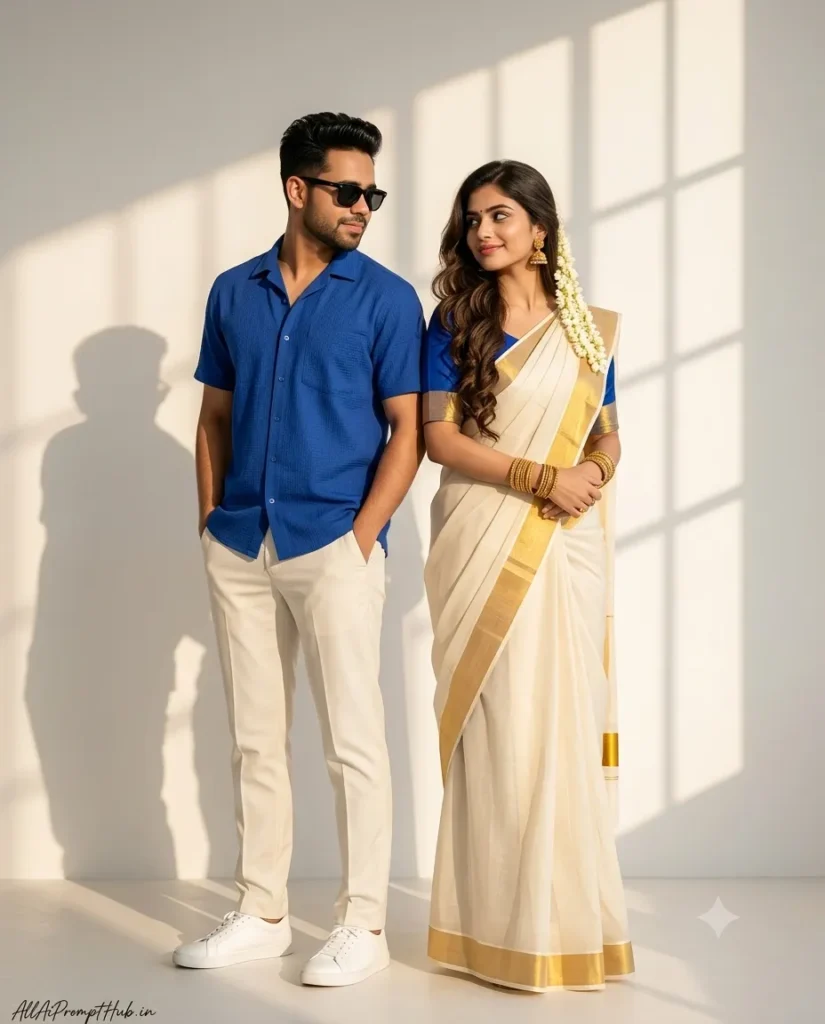 South Indian couple in a white-and-gold Kasavu saree and royal blue shirt in an AI-generated portrait