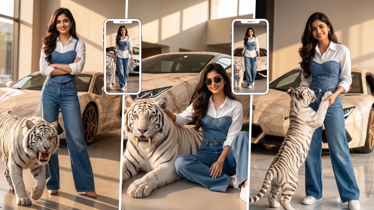 Stylish young woman posing with a white tiger beside luxury cars in a modern showroom