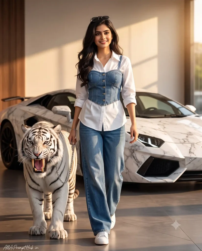 Young woman posing with a white tiger beside a luxury car, AI-generated portrait