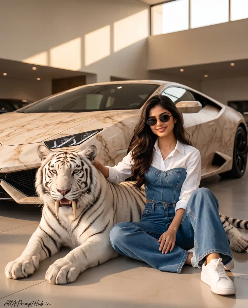 White tiger in a luxury garage with a stylish young woman, AI-edited photo