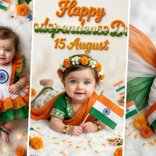 Ultra realistic Independence Day AI baby photo prompt featuring a cute baby wearing tricolor dress with Indian flag and patriotic decorations, generated using ChatGPT and Gemini AI.