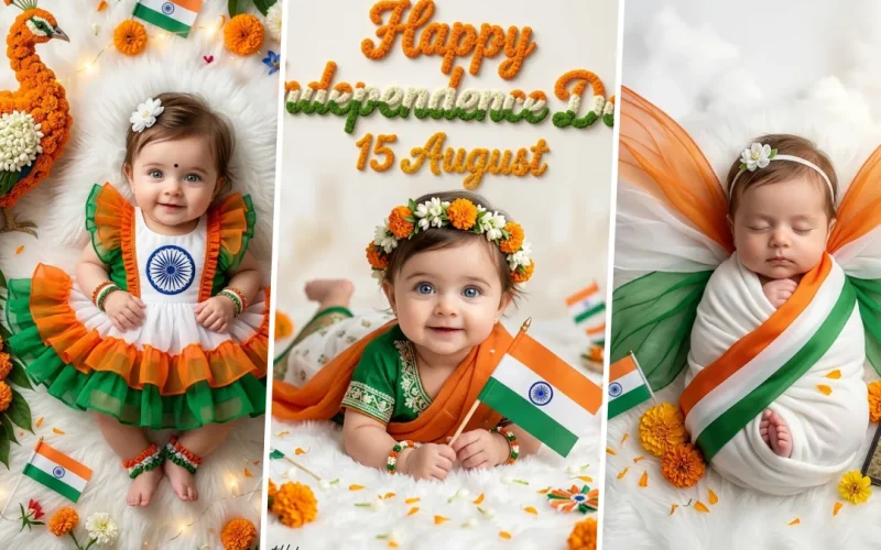 Ultra realistic Independence Day AI baby photo prompt featuring a cute baby wearing tricolor dress with Indian flag and patriotic decorations, generated using ChatGPT and Gemini AI.