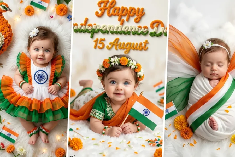 Ultra realistic Independence Day AI baby photo prompt featuring a cute baby wearing tricolor dress with Indian flag and patriotic decorations, generated using ChatGPT and Gemini AI.