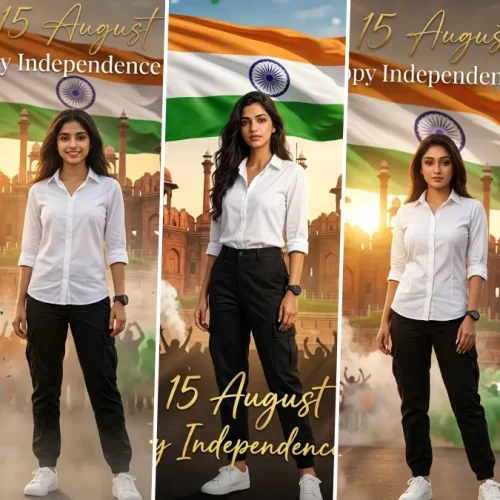 Ultra realistic Independence Day AI photo editing prompt featuring a woman standing in front of the Indian flag and Red Fort, created using ChatGPT AI image prompt.