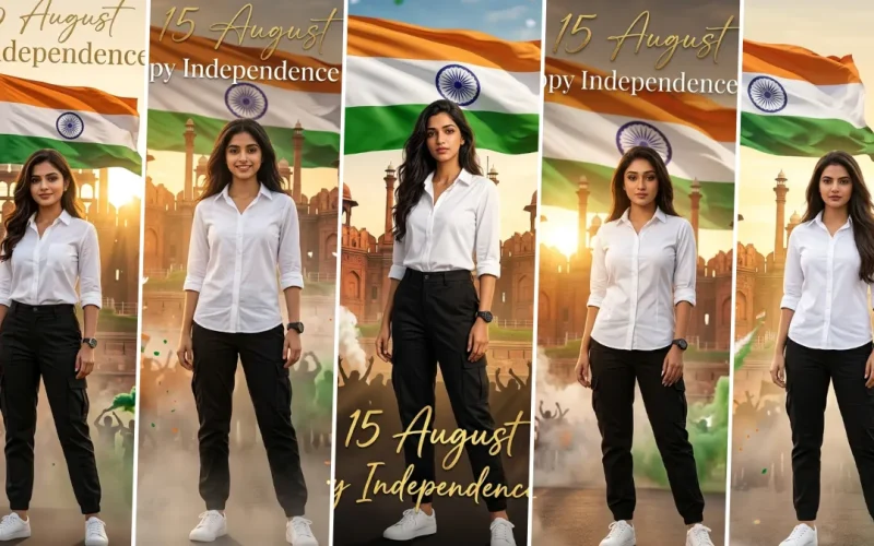 Ultra realistic Independence Day AI photo editing prompt featuring a woman standing in front of the Indian flag and Red Fort, created using ChatGPT AI image prompt.