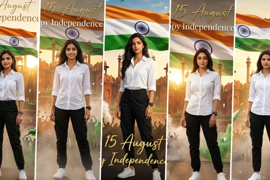Ultra realistic Independence Day AI photo editing prompt featuring a woman standing in front of the Indian flag and Red Fort, created using ChatGPT AI image prompt.