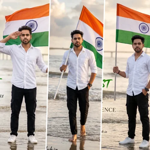 Ultra realistic 15 August Independence Day AI photo editing prompt featuring a man holding the Indian national flag on a beach for ChatGPT Image, FLUX AI, Gemini AI and Midjourney.