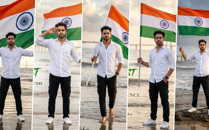Ultra realistic 15 August Independence Day AI photo editing prompt featuring a man holding the Indian national flag on a beach for ChatGPT Image, FLUX AI, Gemini AI and Midjourney.