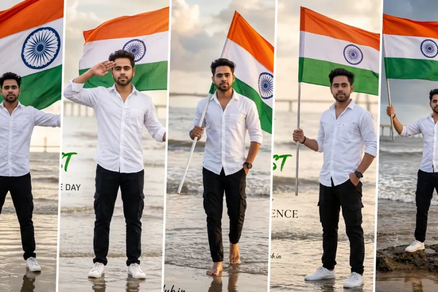 Ultra realistic 15 August Independence Day AI photo editing prompt featuring a man holding the Indian national flag on a beach for ChatGPT Image, FLUX AI, Gemini AI and Midjourney.