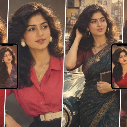 Indian woman with curly hair wearing a red vintage outfit and gold jewelry in a nostalgic retro portrait