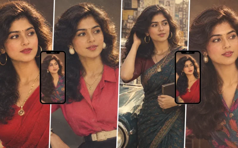 Indian woman with curly hair wearing a red vintage outfit and gold jewelry in a nostalgic retro portrait