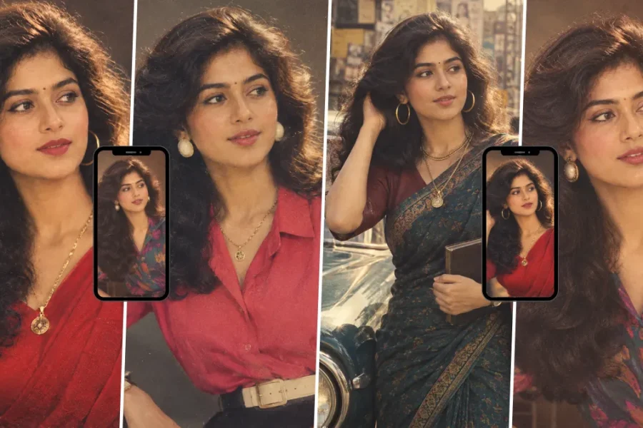 Indian woman with curly hair wearing a red vintage outfit and gold jewelry in a nostalgic retro portrait