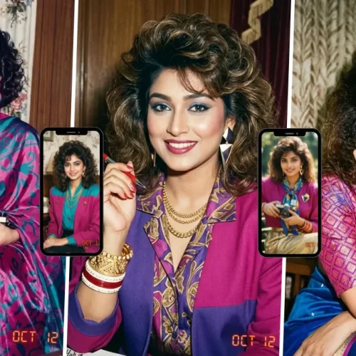 Indian woman in retro 1980s fashion and saree posing in a vintage analog-style portrait