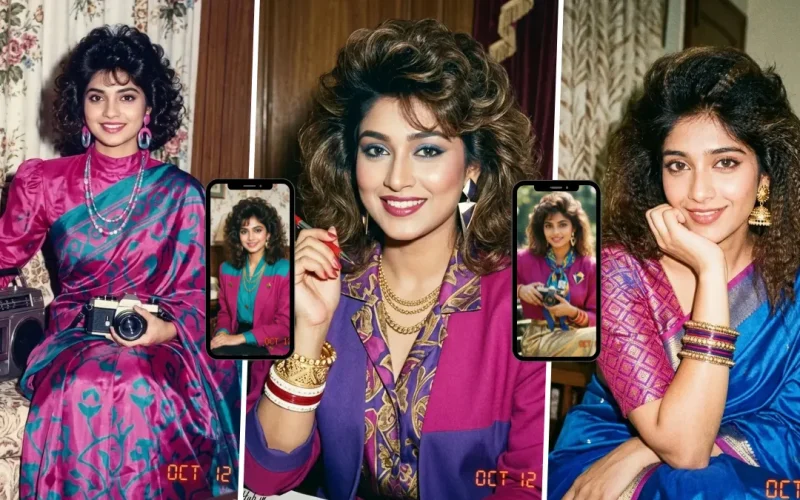 Indian woman in retro 1980s fashion and saree posing in a vintage analog-style portrait