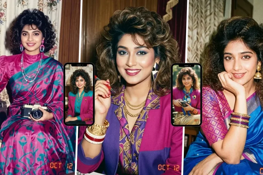 Indian woman in retro 1980s fashion and saree posing in a vintage analog-style portrait