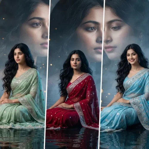Dreamy Indian saree girl cinematic AI portrait with water reflection and soft aesthetic lighting