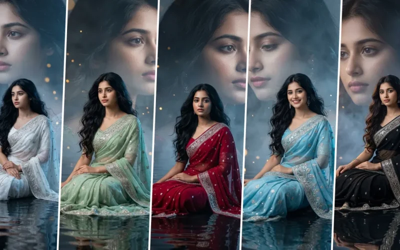 Dreamy Indian saree girl cinematic AI portrait with water reflection and soft aesthetic lighting