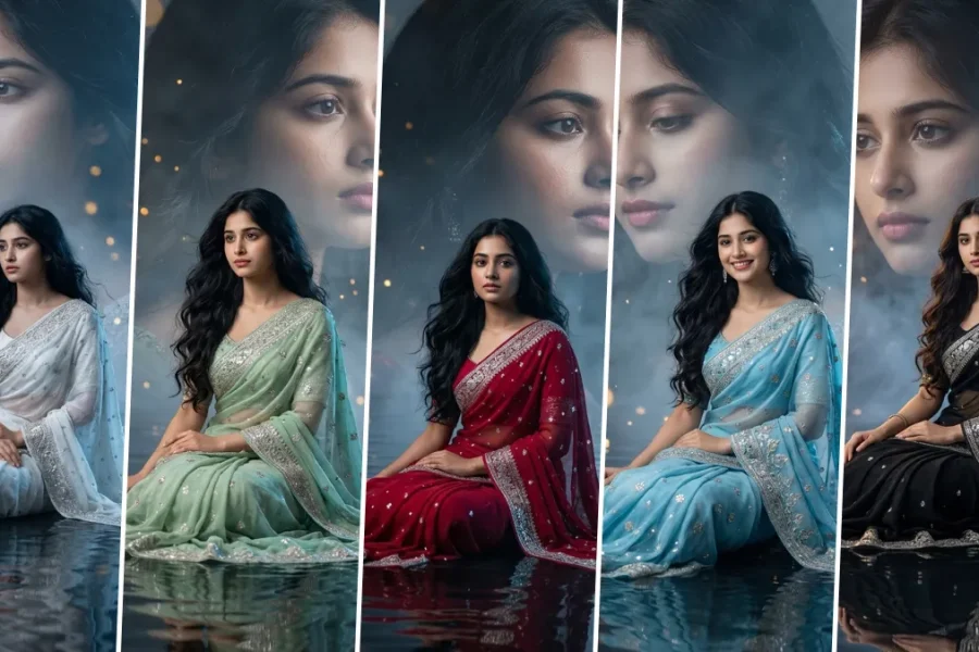 Dreamy Indian saree girl cinematic AI portrait with water reflection and soft aesthetic lighting