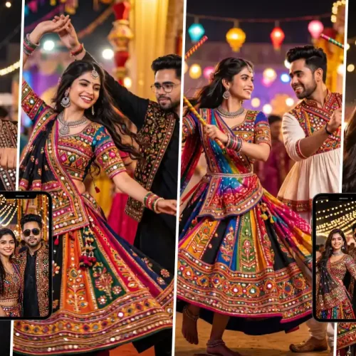 Couple dancing Garba with colorful Dandiya sticks in traditional Navratri outfits
