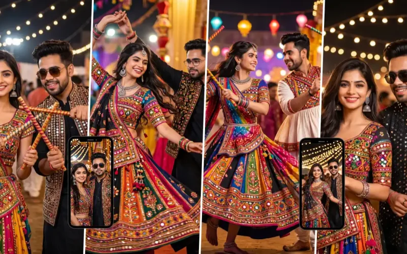 Couple dancing Garba with colorful Dandiya sticks in traditional Navratri outfits
