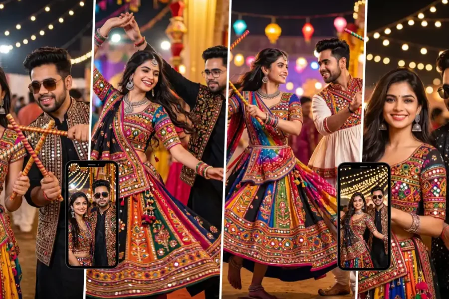 Couple dancing Garba with colorful Dandiya sticks in traditional Navratri outfits