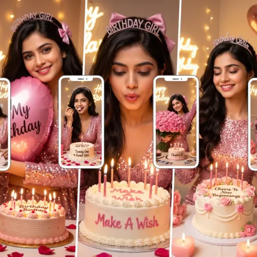 Young woman celebrating her birthday with a pink cake, candles, balloons and glamorous party lighting