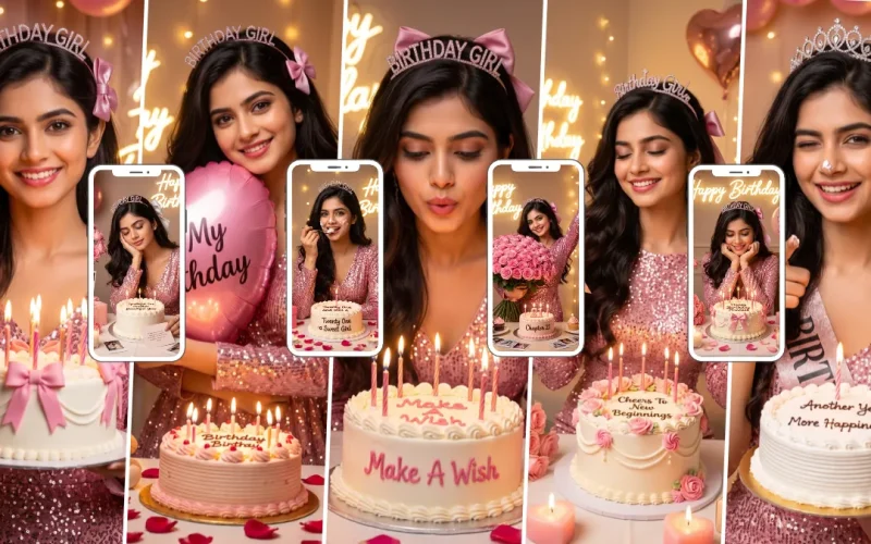Young woman celebrating her birthday with a pink cake, candles, balloons and glamorous party lighting
