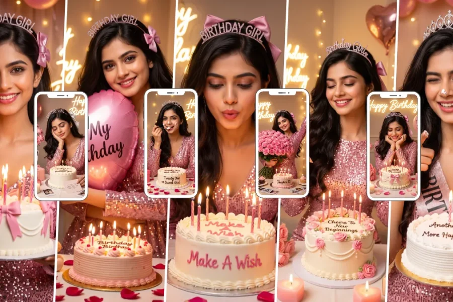 Young woman celebrating her birthday with a pink cake, candles, balloons and glamorous party lighting