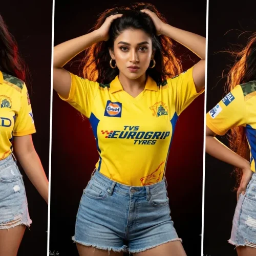 Stylish girl wearing Chennai Super Kings jersey in cinematic AI photoshoot style