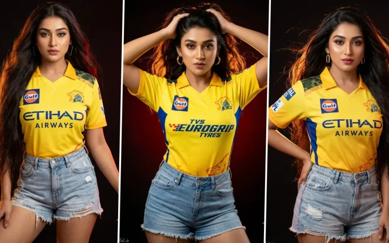 Stylish girl wearing Chennai Super Kings jersey in cinematic AI photoshoot style