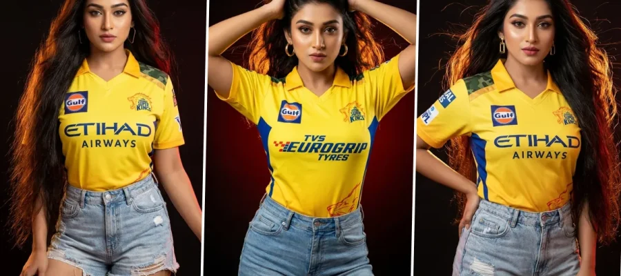 Stylish girl wearing Chennai Super Kings jersey in cinematic AI photoshoot style