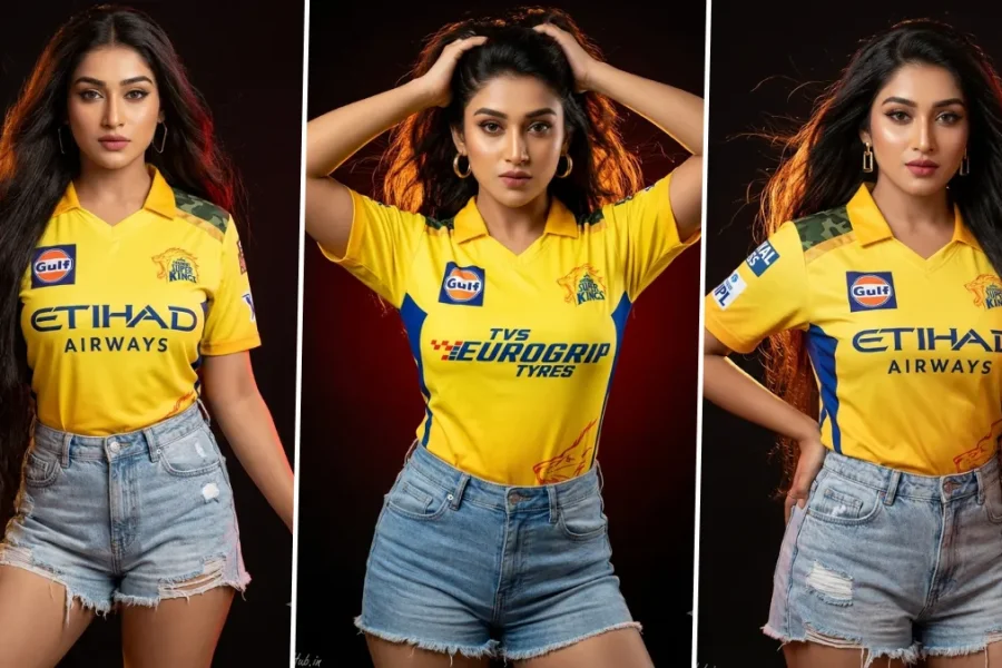Stylish girl wearing Chennai Super Kings jersey in cinematic AI photoshoot style