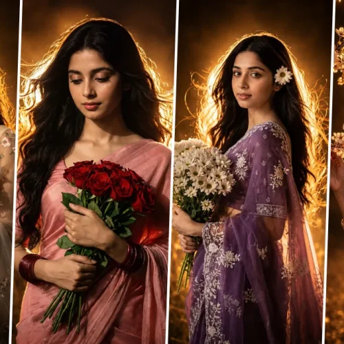 Discover the best cinematic AI saree girl portrait prompts for creating ultra realistic Indian female photos with dreamy lighting, floral aesthetics, and professional photography style using AI tools.