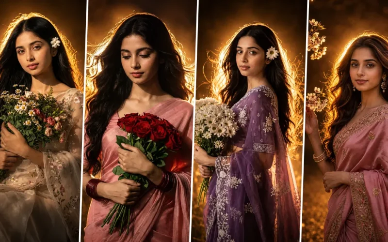 Discover the best cinematic AI saree girl portrait prompts for creating ultra realistic Indian female photos with dreamy lighting, floral aesthetics, and professional photography style using AI tools.