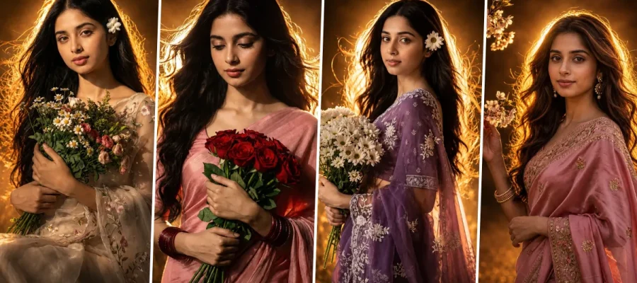 Discover the best cinematic AI saree girl portrait prompts for creating ultra realistic Indian female photos with dreamy lighting, floral aesthetics, and professional photography style using AI tools.