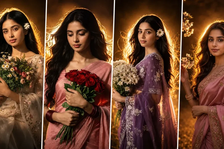 Discover the best cinematic AI saree girl portrait prompts for creating ultra realistic Indian female photos with dreamy lighting, floral aesthetics, and professional photography style using AI tools.