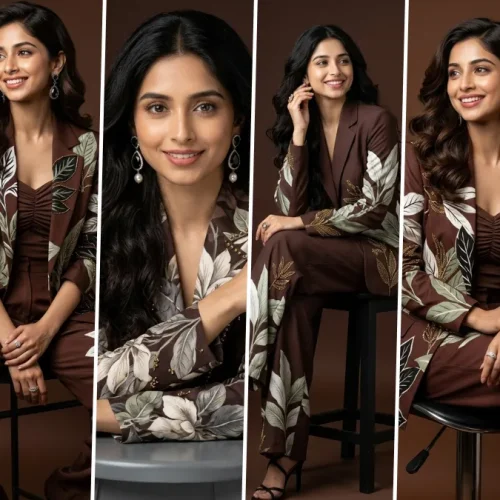 Elegant female corporate fashion model wearing floral blazer suit generated using AI portrait photography prompt