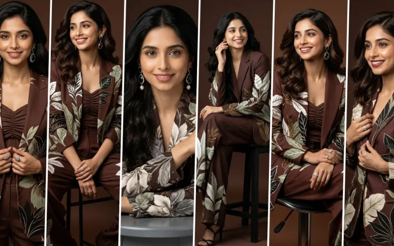 Elegant female corporate fashion model wearing floral blazer suit generated using AI portrait photography prompt