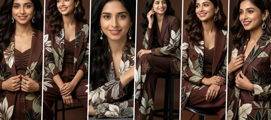 Elegant female corporate fashion model wearing floral blazer suit generated using AI portrait photography prompt
