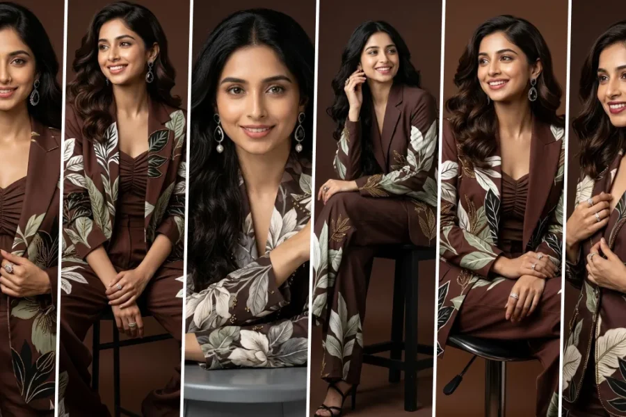 Elegant female corporate fashion model wearing floral blazer suit generated using AI portrait photography prompt