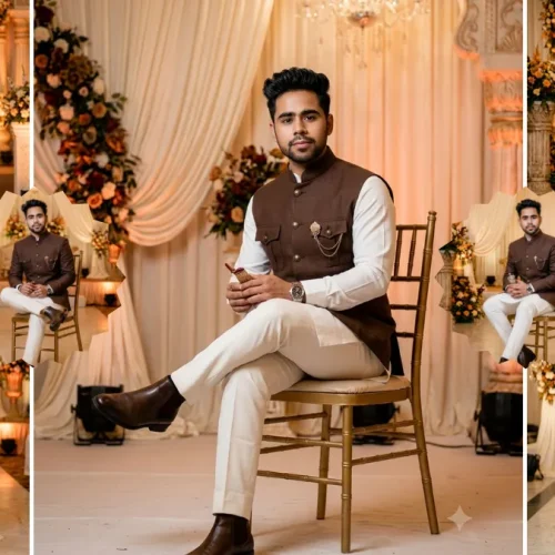 Ultra realistic AI generated Indian groom portrait wearing a luxury brown sherwani at an elegant wedding venue with professional photography lighting and cinematic background.