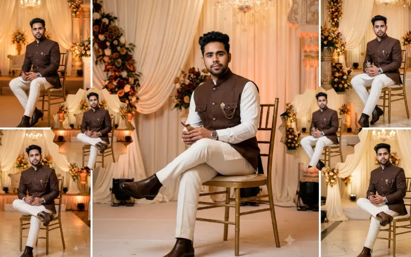 Ultra realistic AI generated Indian groom portrait wearing a luxury brown sherwani at an elegant wedding venue with professional photography lighting and cinematic background.