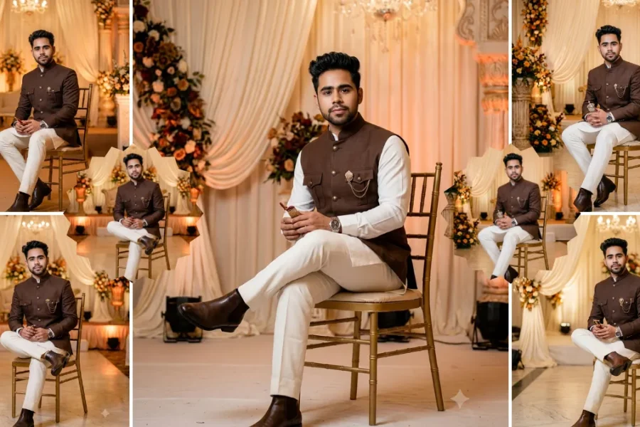 Ultra realistic AI generated Indian groom portrait wearing a luxury brown sherwani at an elegant wedding venue with professional photography lighting and cinematic background.
