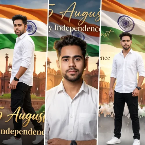 AI-generated Independence Day photo ideas for boys featuring Indian flags and 15 August patriotic themes
