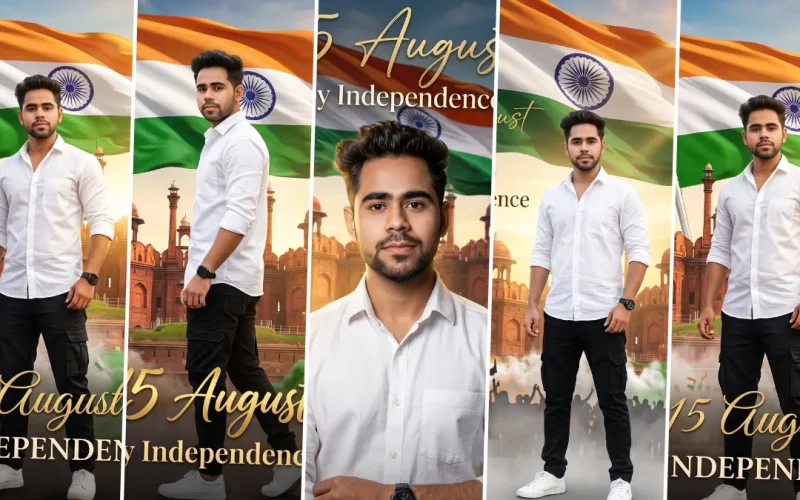 AI-generated Independence Day photo ideas for boys featuring Indian flags and 15 August patriotic themes