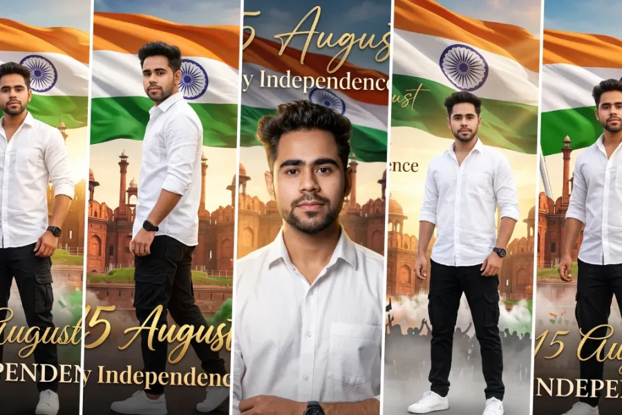 AI-generated Independence Day photo ideas for boys featuring Indian flags and 15 August patriotic themes